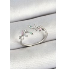 Pirinç Yaprak Figürlü Zirkon Taşlı Gümüş Renk Ayarlanabilir Kadın Yüzük - TJ-BYK3769