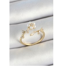 Pirinç İnci Detaylı Papatya Figürlü Zirkon Taşlı Gold Renk Ayarlanabilir Kadın Yüzük - TJ-BYK3770