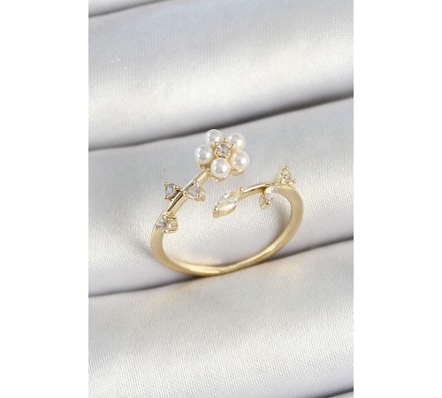 Pirinç İnci Detaylı Papatya Figürlü Zirkon Taşlı Gold Renk Ayarlanabilir Kadın Yüzük - TJ-BYK3770