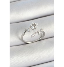 Pirinç İnci Detaylı Papatya Figürlü Zirkon Taşlı Gümüş Renk Ayarlanabilir Kadın Yüzük - TJ-BYK3771