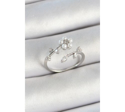 Pirinç İnci Detaylı Papatya Figürlü Zirkon Taşlı Gümüş Renk Ayarlanabilir Kadın Yüzük - TJ-BYK3771