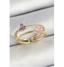 Pirinç Kalp Ve Çiçek Figürlü Zirkon Taşlı Gold Renk Ayarlanabilir Kadın Yüzük - TJ-BYK3774