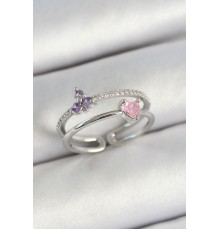 Pirinç Kalp Ve Çiçek Figürlü Zirkon Taşlı Gümüş Renk Ayarlanabilir Kadın Yüzük - TJ-BYK3775