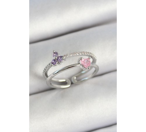 Pirinç Kalp Ve Çiçek Figürlü Zirkon Taşlı Gümüş Renk Ayarlanabilir Kadın Yüzük - TJ-BYK3775