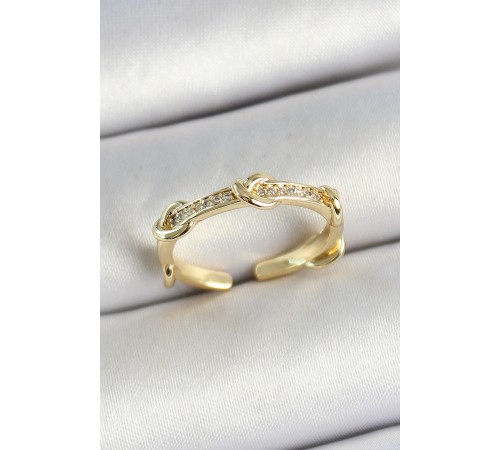 Pirinç Düğüm Figürlü Zirkon Taşlı Gold Renk Ayarlanabilir Kadın Yüzük - TJ-BYK3776