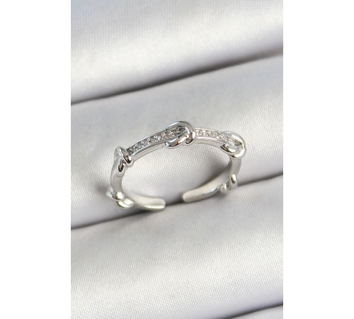 Pirinç Düğüm Figürlü Zirkon Taşlı Gümüş Renk Ayarlanabilir Kadın Yüzük - TJ-BYK3777