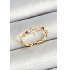 Pirinç Papatya Figürlü Zirkon Taşlı Gold Renk Ayarlanabilir Kadın Yüzük - TJ-BYK3778