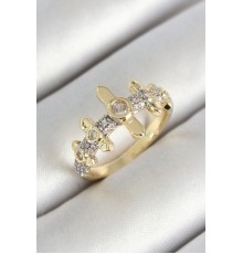 Pirinç Sıralı Çit Figürlü Zirkon Taşlı Gold Renk Ayarlanabilir Kadın Yüzük - TJ-BYK3785