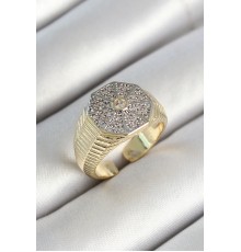 Pirinç Sekizgen Figür Zirkon Taşlı Gold Renk Ayarlanabilir Kadın Yüzük - TJ-BYK3788