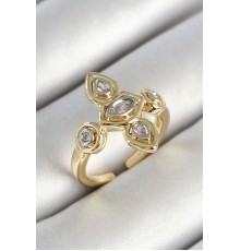 Pirinç Beş Taş Trend Figür Zirkon Taşlı Gold Renk Ayarlanabilir Kadın Yüzük - TJ-BYK3789