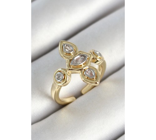 Pirinç Beş Taş Trend Figür Zirkon Taşlı Gold Renk Ayarlanabilir Kadın Yüzük - TJ-BYK3789