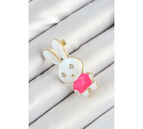 Zirkon Taş Detaylı Beyaz Ve Pembe 3D Tavşan Figürlü Kadın Broş - TJ-BR436