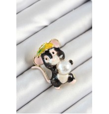 İnci Detaylı Siyah Ve Pembe 3D Sevimli Fare Figürlü Gold Renk Kadın Broş - TJ-BR437