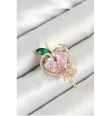 Pembe Ve Yeşil Zirkon Taşlı 3D Eriyen Kalp Figürlü Gold Renk Kadın Broş - TJ-BR438
