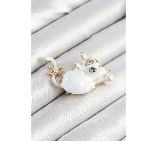 Zirkon Taşlı İnci Detaylı Beyaz 3D Kedi Figürlü Gold Renk Kadın Broş - TJ-BR440