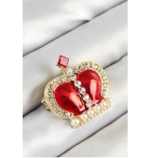 Zirkon Taşlı İnci Detaylı Kırmızı 3D Kraliçe Taç Figürlü Gold Renk Kadın Broş - TJ-BR441
