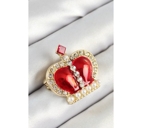 Zirkon Taşlı İnci Detaylı Kırmızı 3D Kraliçe Taç Figürlü Gold Renk Kadın Broş - TJ-BR441