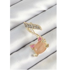 Zirkon Taşlı 3D Kedi Detaylı Nota Figürlü Gold Renk Kadın Broş - TJ-BR444