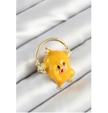 3D Kulaklıklı Sarı Civciv Figürlü Gold Renk Kadın Broş - TJ-BR446