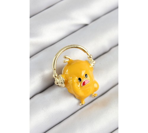 3D Kulaklıklı Sarı Civciv Figürlü Gold Renk Kadın Broş - TJ-BR446