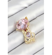 Pembe Zirkon Taşlı Kap Detaylı Kedi Figürlü Gold Renk Kadın Broş - TJ-BR447