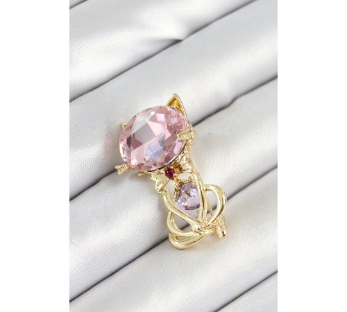 Pembe Zirkon Taşlı Kap Detaylı Kedi Figürlü Gold Renk Kadın Broş - TJ-BR447