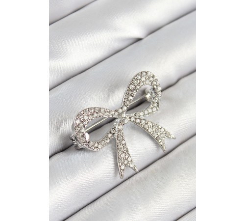 Üzeri Zirkon Taşlı Fiyonk Figürlü Gümüş Renk Kadın Broş - TJ-BR448