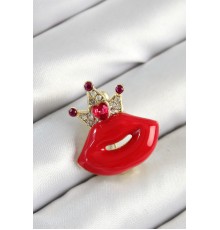 Zirkon Taşlı Kraliçe Taç Detaylı 3D Kırmızı Dudak Figürlü Gold Renk Kadın Broş - TJ-BR449
