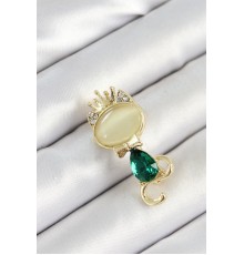 Yeşil Damla Zirkon Taşlı Kraliçe Taçlı Kedi Figürlü Gold Renk Kadın Broş - TJ-BR450