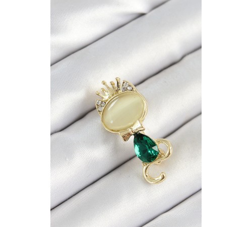 Yeşil Damla Zirkon Taşlı Kraliçe Taçlı Kedi Figürlü Gold Renk Kadın Broş - TJ-BR450