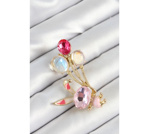 Zirkon Taşlı Balonlu Pembe Tavşan Figürlü Gold Renk Kadın Broş - TJ-BR451