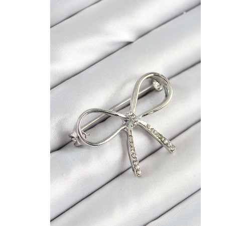 Zirkon Taş Detaylı Fiyonk Figürlü Gümüş Renk Kadın Broş - TJ-BR453