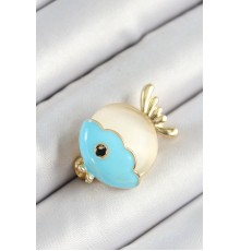 Mineli Turkuaz Ve Krem Balık Figürlü Gold Renk Kadın Broş - TJ-BR454