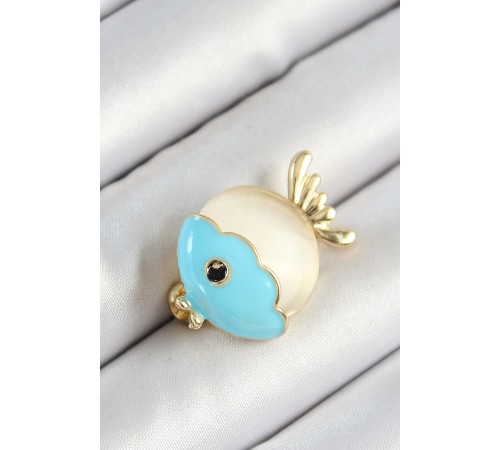 Mineli Turkuaz Ve Krem Balık Figürlü Gold Renk Kadın Broş - TJ-BR454