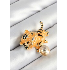 Zirkon Taşlı Siyah Çizgili Turuncu Kaplan Figürlü Gold Renk Kadın Broş - TJ-BR455