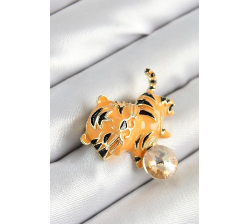 Zirkon Taşlı Siyah Çizgili Turuncu Kaplan Figürlü Gold Renk Kadın Broş - TJ-BR455