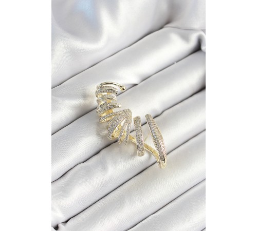 Pirinç Zirkon Taş Kaplamalı Sarmal Figürlü Gold Renk Kadın Sağ Kıkırdak Küpe - TJ-BKP10627