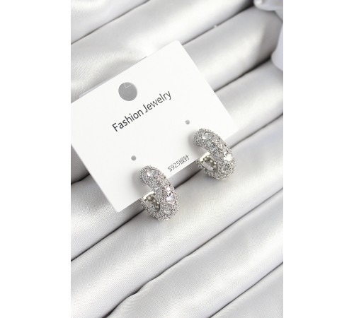 Pirinç Zirkon Taşlı Halka Model Gümüş Renk Kadın Küpe - TJ-BKP10633