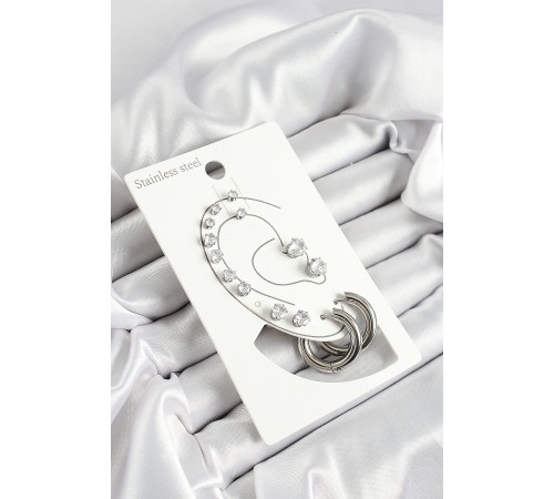 316L Çelik Halka Figürlü Ve Zirkon Taşlı Gümüş Renk 7'li Çift Kadın Küpe Set - TJ-BKP10637