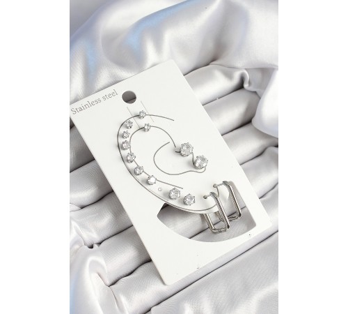 316L Çelik Dikdörtgen Figürlü Ve Zirkon Taşlı Gümüş Renk 7'li Çift Kadın Küpe Set - TJ-BKP10638