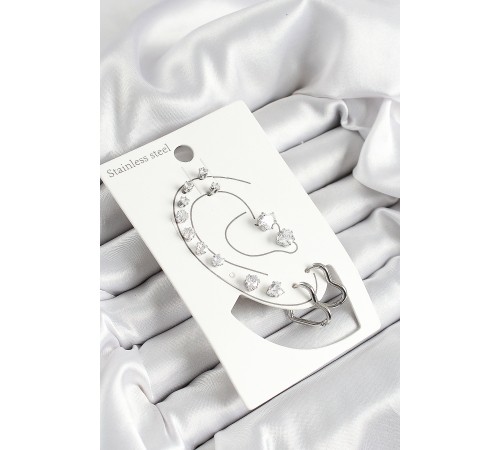 316L Çelik Kalp Figürlü Ve Zirkon Taşlı Gümüş Renk 7'li Çift Kadın Küpe Set - TJ-BKP10639