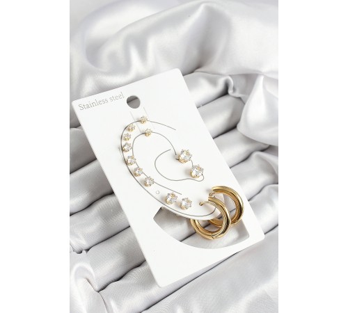 316L Çelik Halka Figürlü Ve Zirkon Taşlı Gold Renk 7'li Çift Kadın Küpe Set - TJ-BKP10641
