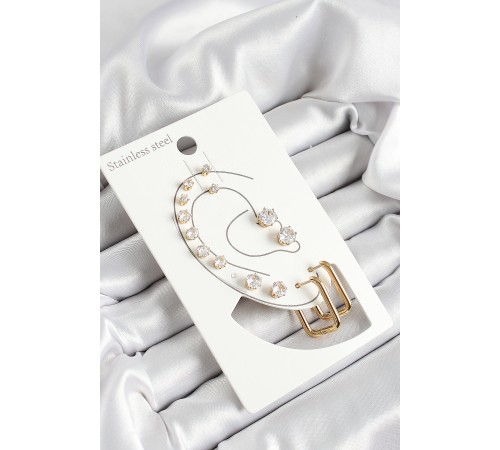 316L Çelik Dikdörtgen Figürlü Ve Zirkon Taşlı Gold Renk 7'li Çift Kadın Küpe Set - TJ-BKP10642