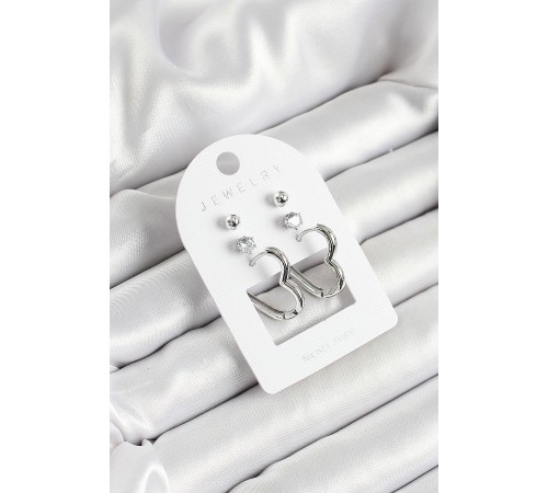 Pirinç Zirkon Taş Ve Kalp Figürlü Gümüş Renk 3'lü Çift Kadın Küpe Set - TJ-BKP10644