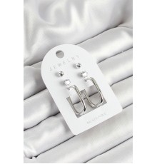 Pirinç Zirkon Taş Ve Dikdörtgen Figürlü Gümüş Renk 3'lü Çift Kadın Küpe Set - TJ-BKP10645