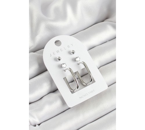 Pirinç Zirkon Taş Ve Dikdörtgen Figürlü Gümüş Renk 3'lü Çift Kadın Küpe Set - TJ-BKP10645