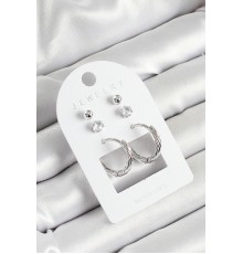 Pirinç Zirkon Taş Ve Halka Figürlü Gümüş Renk 3'lü Çift Kadın Küpe Set - TJ-BKP10646