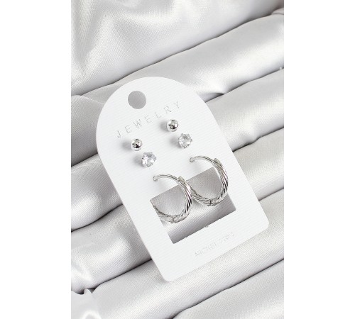 Pirinç Zirkon Taş Ve Halka Figürlü Gümüş Renk 3'lü Çift Kadın Küpe Set - TJ-BKP10646