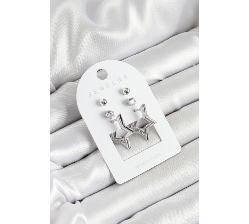 Pirinç Zirkon Taş Ve Yıldız Figürlü Gümüş Renk 3'lü Çift Kadın Küpe Set - TJ-BKP10647