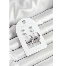 Pirinç Zirkon Taş Ve Kemik Halka Figürlü Gümüş Renk 3'lü Çift Kadın Küpe Set - TJ-BKP10648